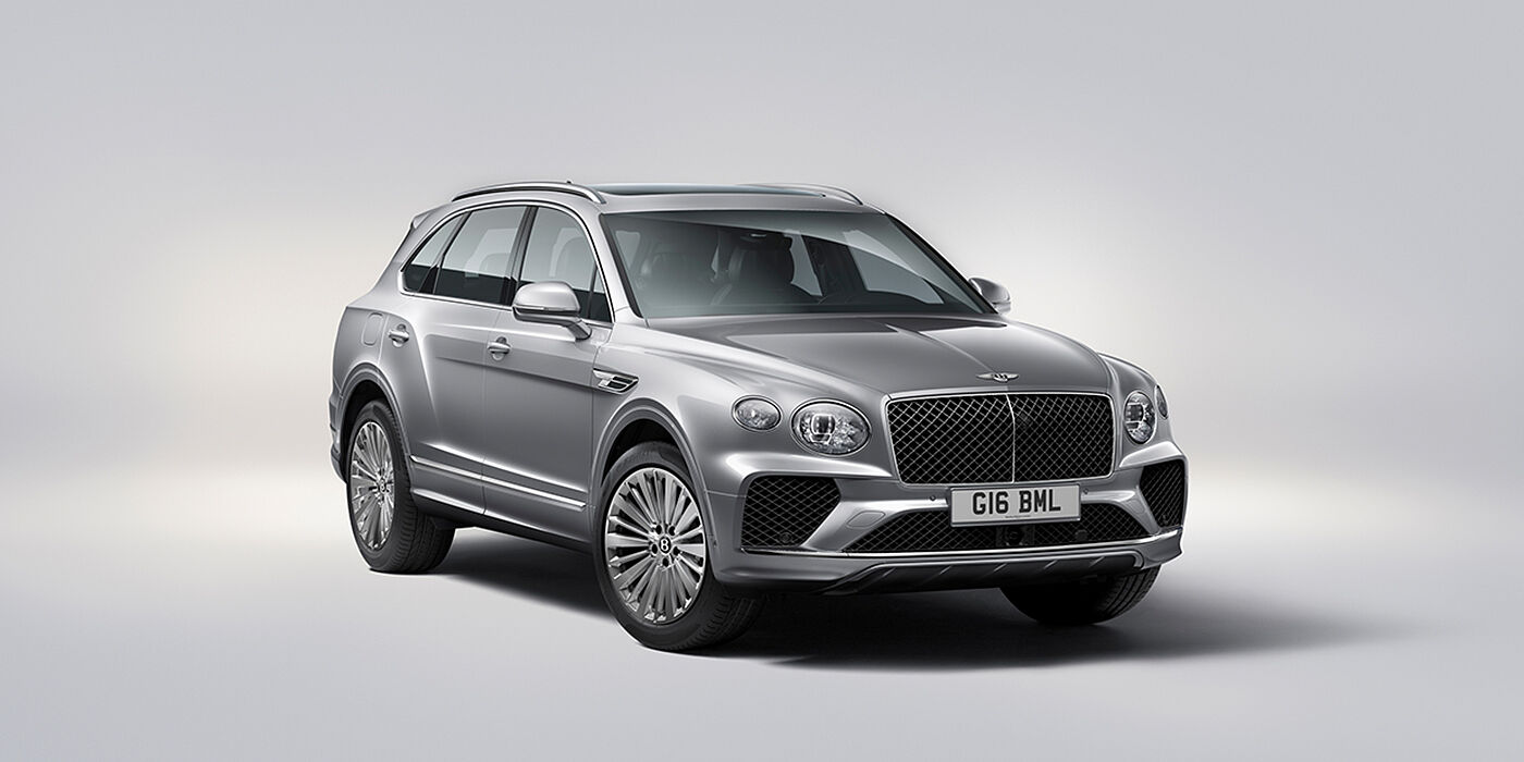 Bentley Tel Aviv Bentley Bentayga luxury SUV front three quarter view in Moonbeam paint with matrix grille and 21″ 5 spoke painted wheels