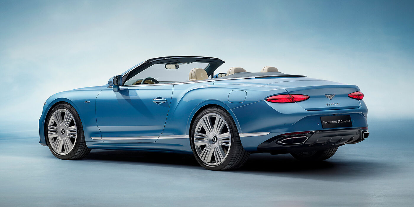 Bentley Tel Aviv New Bentley Continental GTC Azure convertible rear view in Light Windsor blue paint with 22 inch ten spoke wheels and chrome exterior details