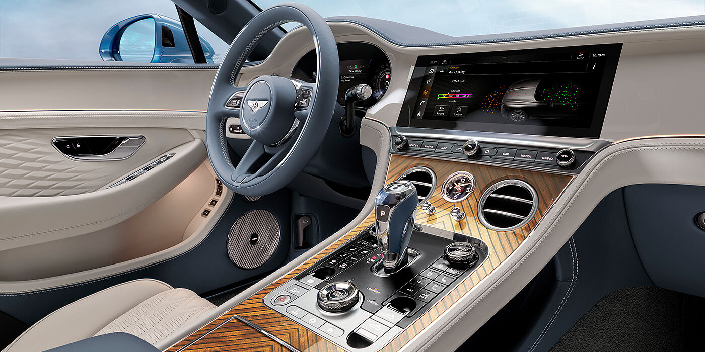 Bentley Tel Aviv New Bentley Continental GTC Azure convertible interior front cabin view with Linen and Brunel hides and Piano Linen by Mulliner veneer featuring centre console and centre MMI screen