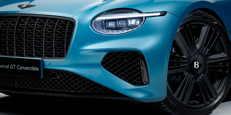 Bentley Tel Aviv New Bentley Continental GT Azure coupe bonnet detail with Blackline Specification including black grille and wheels with Light Windsor blue paint