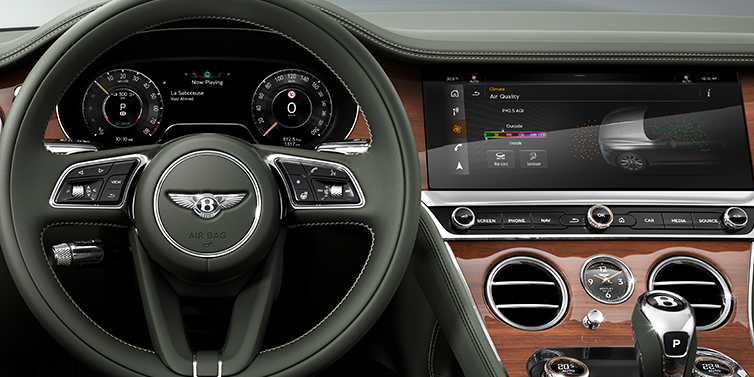 Bentley Tel Aviv New Bentley Continental GTC convertible front interior steering wheel view, with Beluga black leather and Crown Cut walnut veneer